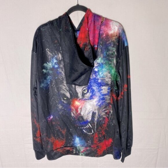 Black Red Multicolour Wolf Galaxy Hoodie XL - Picture 2 of 15